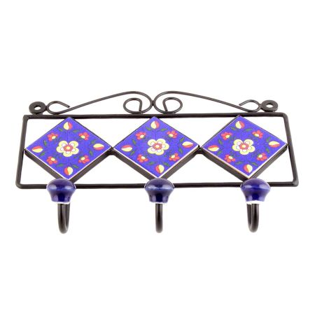 Navy Blue Yellow Floral Tiles Hooks